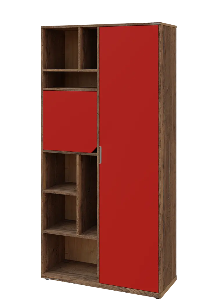 KSR6-83 P skříň šatní, 1x výsuvné ramínko, dvířka, niky, 2053x1022x400 mm, provedení pravé, dub halifax cínový/červená